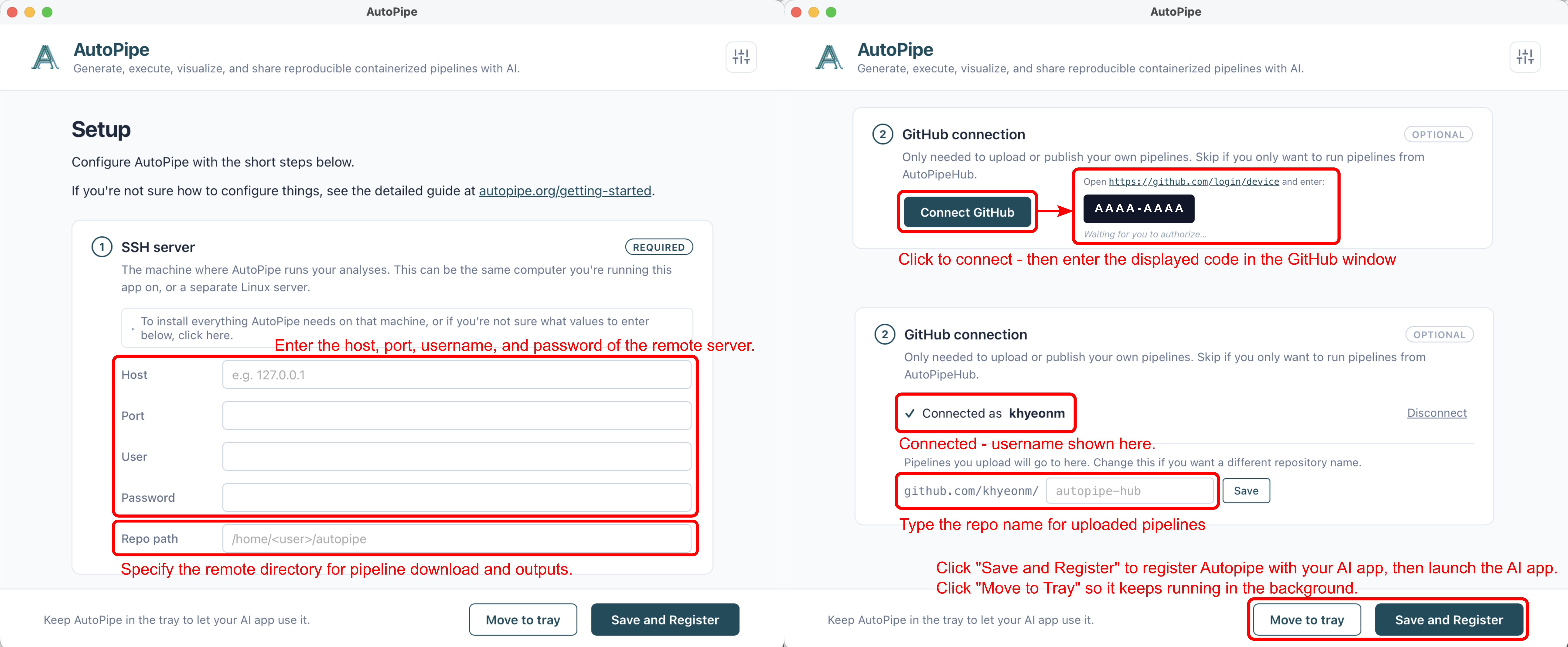 Autopipe configuration screen with annotations