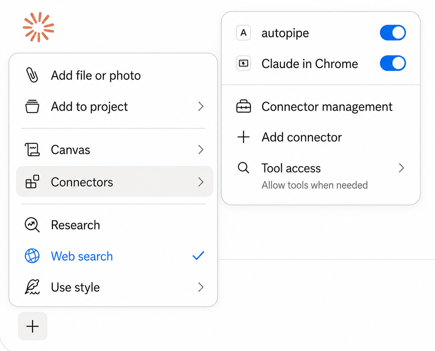 Claude Desktop Connectors menu with the autopipe connector toggled on