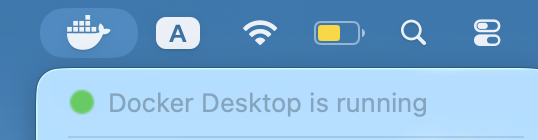 Docker Desktop whale icon in the macOS menu bar showing Running in Resource Saver mode